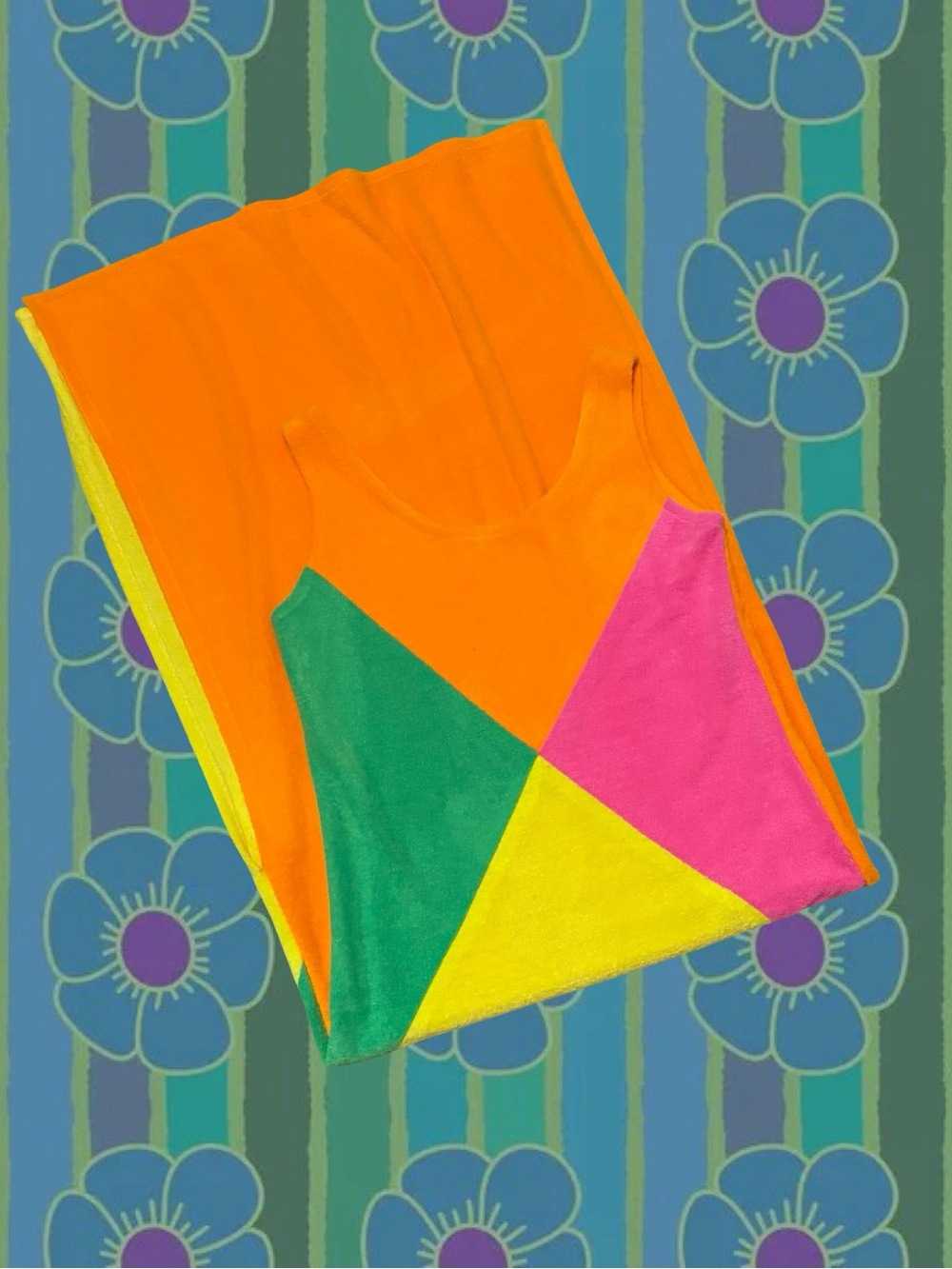 Vintage Colorblock Maxi Dress in Neon Orange, Pink, Green & Yellow